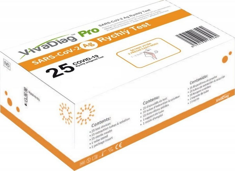 Antigenní samotest Vivadiag Sars-Cov-2 Ag Rapid Test výtěrem z okraje nosu 25 ks pohled